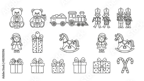 Toys Collection in Outline: A whimsical collection of classic toys, meticulously illustrated in a clean, crisp outline style, evoking a sense of nostalgic joy and playful innocence.