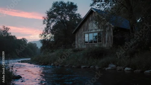 Rustic Cabin Retreat - Serene Riverside Cabin at Dusk.