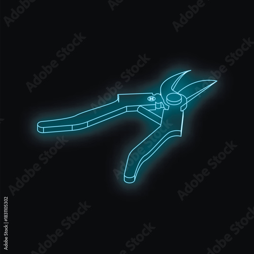 Neon glowing blue pruning shears isolated on a black background represent gardening and plant care