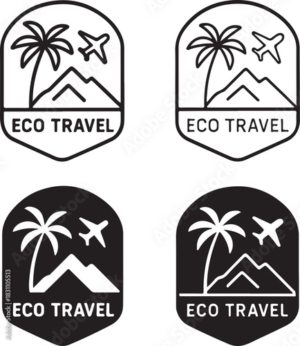 Isolated Eco Travel Badge Icon, eco travel badge symbol, sustainable tourism eco icon, black minimal eco travel design, green tourism badge for buyers, clean vector for environmental travel use
