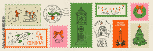 Hand drawn winter holiday postage stamps in a doodle sketch style. Christmas and New Year postal elements ideal for posters, postcards, scrapbook pages, mail themed designs, and festive vector prints.
