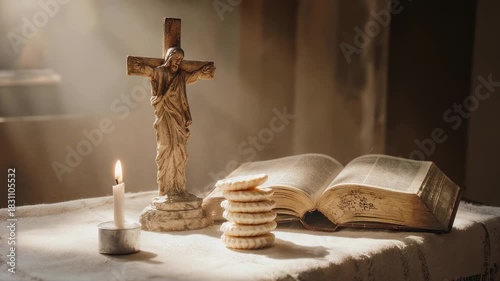 Sacred Still Life - Cross, Bible, and Communion Wafers.