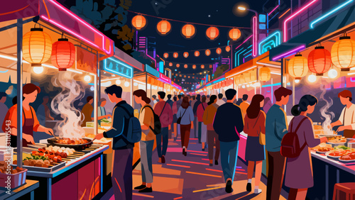This illustration depicts a lively evening night market: colorful stalls line a crowded alley, lit by glowing lanterns and neon signs, with people shopping and interacting in a festive atmosphere.