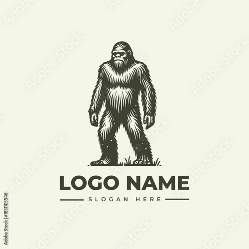 Majestic ape-man monster in a vintage engraving style, a detailed vector logo illustration. 149
