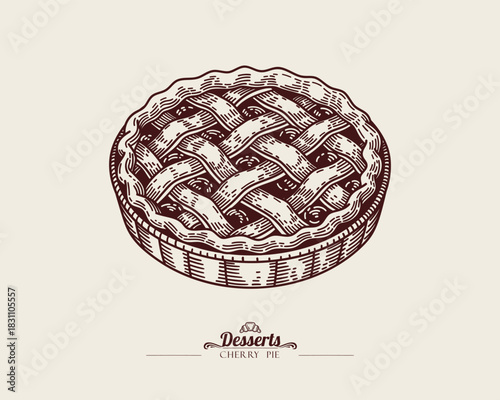 Cherry pie in a baking dish. Shortcrust pastry mesh. Vintage linear illustration of sweet baked dessert with cherries.