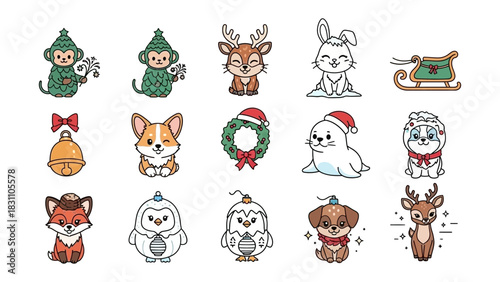 Festive Animal Ensemble: A delightful collection of adorable cartoon animals, adorned in festive attire, heralding the joy and merriment of the holiday season. 