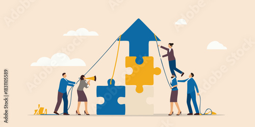 Teamwork building a successful upward arrow with puzzle pieces