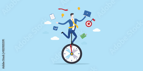 Businessman balancing on a unicycle with business icons floating around him