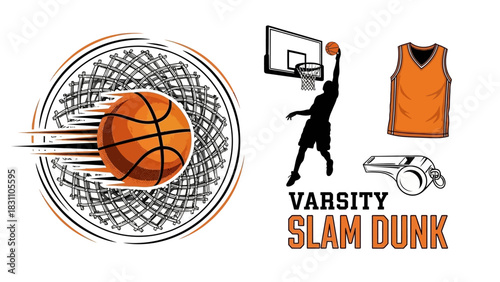 Dynamic basketball vector elements with net frame, dunking player, and hoop for sports team branding