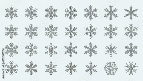 Elegant collection of snowflakes for winter designs, perfect for holiday cards, wrapping paper, or seasonal decorations with a crisp, clean style