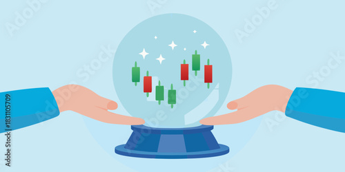 Crystal ball showing stock market candlestick chart with hands