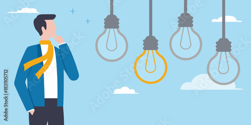 Man thinking about a bright idea among many light bulbs