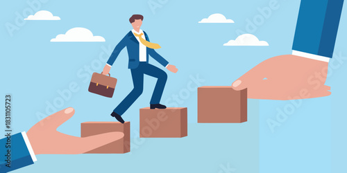 Businessman climbing stairs with help from supportive hands