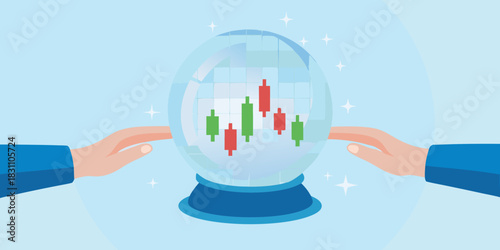 Hands holding a crystal ball showing stock market candlestick chart predictions