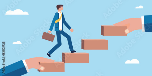 Businessman climbing stairs supported by helping hands for career advancement