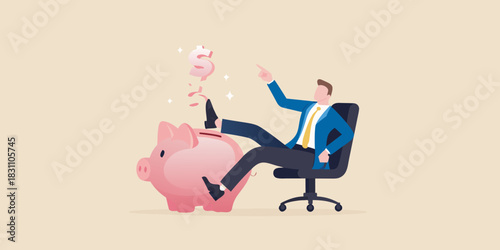 Businessman celebrating financial success with a piggy bank and dollar sign