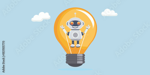 Cute robot character inside a glowing light bulb with clouds in the background
