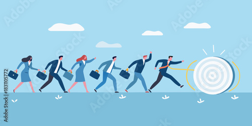 Business people running towards a target goal together