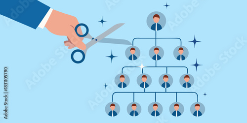 Hand cutting organizational chart with scissors symbolizing layoffs