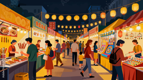 This illustration depicts a lively evening night market: colorful stalls line a crowded alley, lit by glowing lanterns and neon signs, with people shopping and interacting in a festive atmosphere.