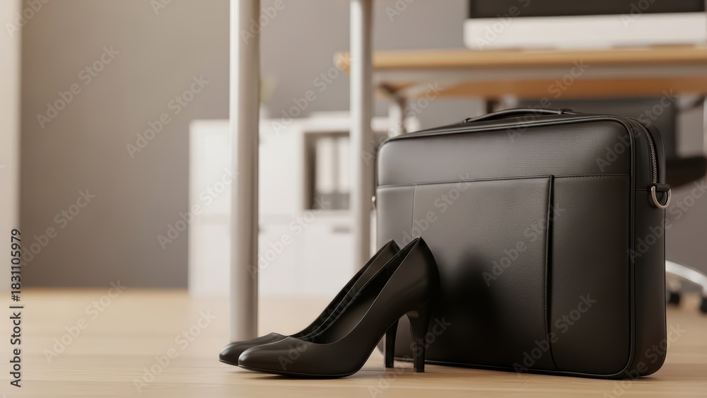 Fototapeta premium Black leather briefcase and high heels on office floor