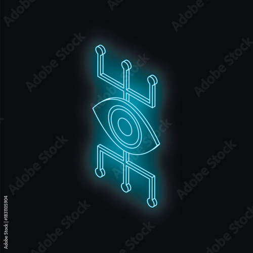 Neon eye symbol with network connections, representing concepts of vision, surveillance, and digital observation