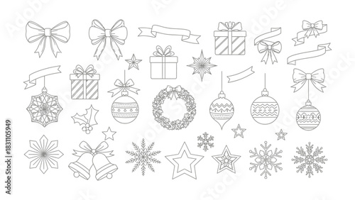 Festive Outlines: A collection of meticulously designed holiday elements, including gift boxes, bows, snowflakes, stars, ornaments, bells and ribbons, evoke a sense of joyous celebration. 