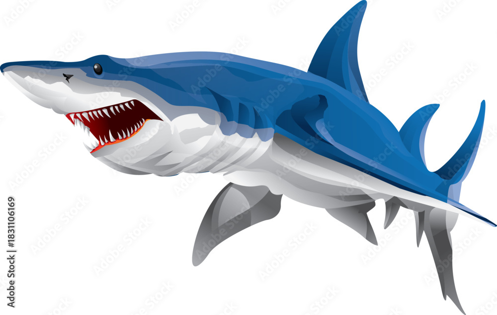 Fototapeta premium shark ocean sea blue cartoon animal vector illustration cute mammal funny character fun smile zoo happy pet drawing art