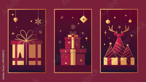 Three Christmas cards featuring a deer, a decorated tree, and colorful presents arranged artistically..eps