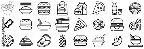 Collection of Food Icons Burgers, Pizza, Noodles, Rice, and More