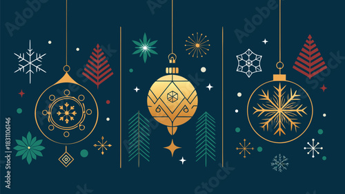 Three decorative Christmas banners embellished with shimmering gold accents, perfect for celebrating the holiday season..eps