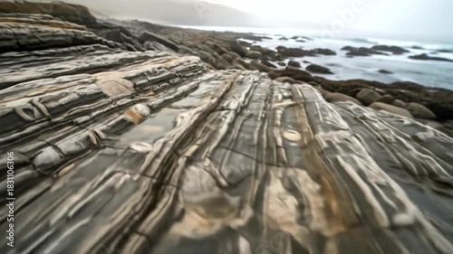 Striking geological formations along the coastline with layered rock patterns and ocean waves.