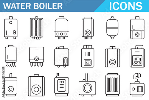 Outline Water Heating and Boiler System Icons Collection