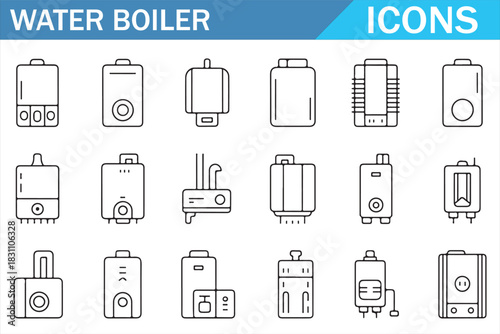Water Boiler and Heater Editable Line Icons Set for HVAC and Plumbing