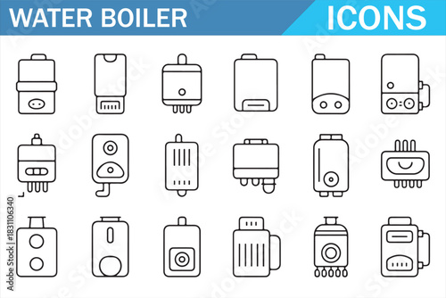 Editable Stroke Water Boiler and Heater Line Icons Set with Electric, Gas, Industrial and Home Hot Water Tank Symbols for Plumbing, Heating and HVAC Design