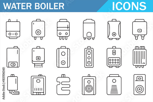 Modern Heating System and Water Boiler Line Icons Pack