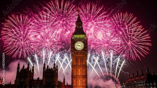 Spectacular fireworks display behind big ben and houses of parliament at night
