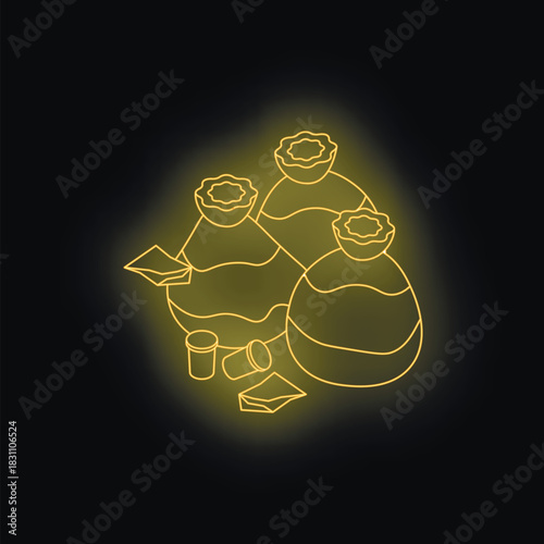 Golden neon glowing outline of poppy seed heads, capsules, and heroin powder representing opioid crisis, drug addiction, and illegal narcotics trade