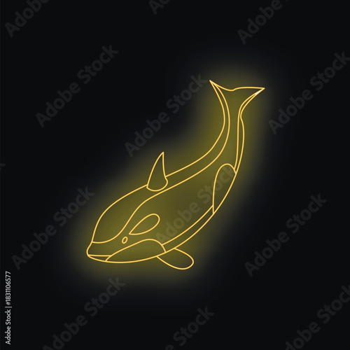 Neon yellow killer whale swimming underwater, creating a captivating contrast against the dark background