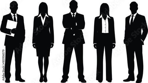 Set of Five Business People Silhouettes in Suits and Formal Attire Representing Corporate Teamwork Professionalism Diverse Workforce Management Staff and Executive Leadership Poses