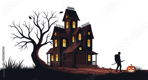A pixel art illustration of a spooky haunted house with glowing windows, a bare tree, a silhouetted figure, and a jack-o'-lantern.