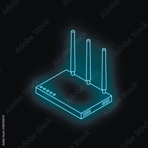 Glowing neon blue wi fi router on black background transmitting data