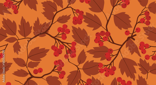 Seamless autumn pattern featuring rowan branches with red berries and brown leaves on a warm orange background.