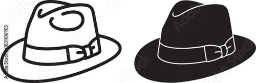 Elegant Fedora Hat Icon Set in Black and White for Fashion and Design Projects