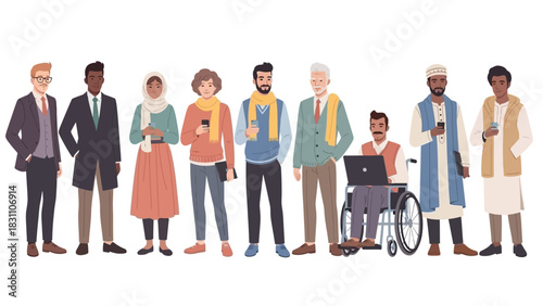 A group of eight diverse male characters standing in a row, illustrated in a modern flat vector style.
