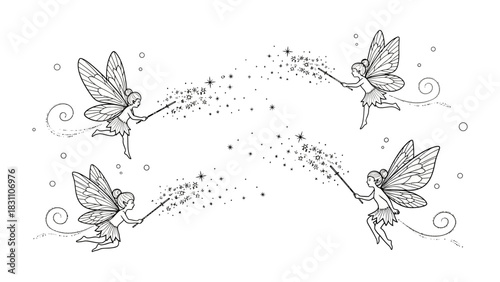 Whimsical Fairy Circle: Enchanting illustration featuring four delicate fairies in a magical dance. Each fairy, with gossamer wings and a wand, casting sparkling trails. 