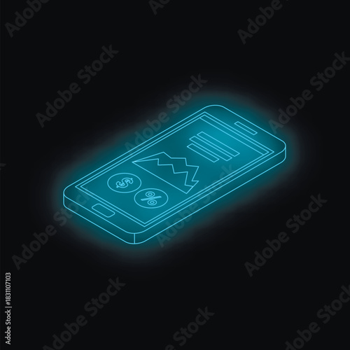 Futuristic isometric smartphone displaying financial charts, percentages, and dollar signs, suggesting mobile banking or investment tracking