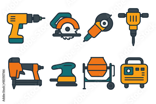 Vibrant Tools Icons Set. Construction Tools modern flat vector icons: electric drill, circular saw, angle grinder, jackhammer, nail gun, power sander, concrete mixer, portable