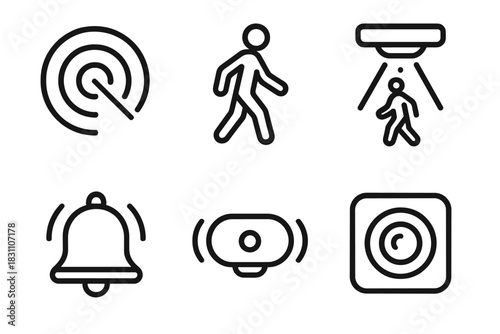 Motion Detection Icons. Motion Detection outline icons: radar waves, walking figure, infrared beam, alert bell, sensor node, camera lens.