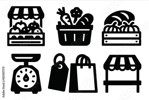 Farm Market Icons. Farm Market Stalls silhouette set: fruit stand, vegetable basket, bread loaf, pumpkin crate, scale, price tag, shopping bag, market tent
